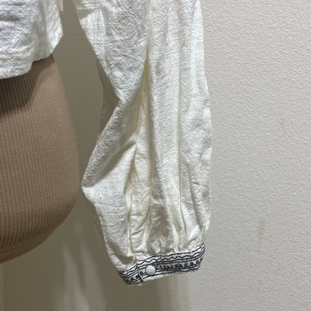 Free People Iggie Embroidered Cropped Blouse Ivory/ Black Bean Size Extra Small